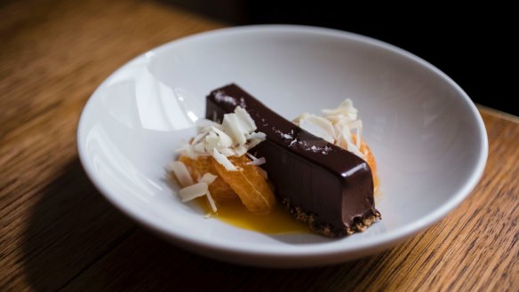 Chocolate delice, mandarin and  macadamia.