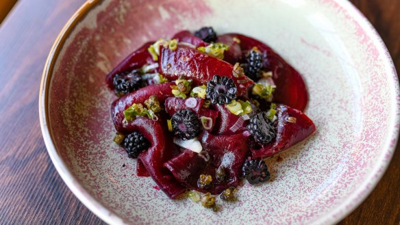 Roasted beetroot, light vinaigrette with merlot vinegar and coffee beans, capers and black mulberry from the new Lorraine's menu.
