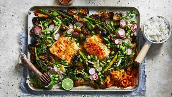 Serve Gochujang fish and Brussels sprouts with steamed rice or grains.