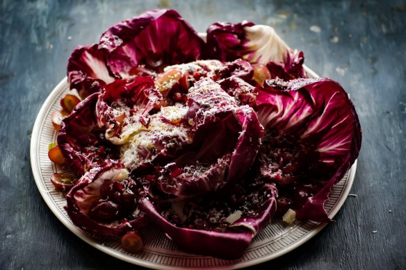 Radicchio and red grapes showered in manchego snow.