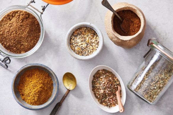 Clockwise from top left: Five-spice powder; everything spice; garam masala; Italian seasoning; Cajun/Creole seasoning and ras el hanout.