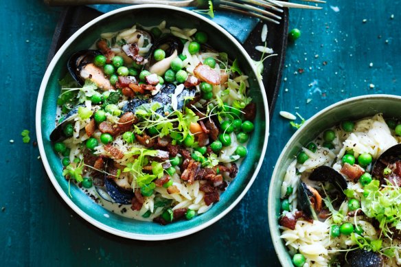 Midweek mussels: Big bowls of mussels, risoni, peas and bacon.