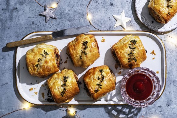 Christmas sausage rolls with turkey, bacon and cranberry.