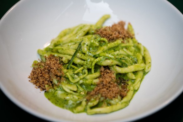 Strozzapreti with pistachio pesto and pangrattato.