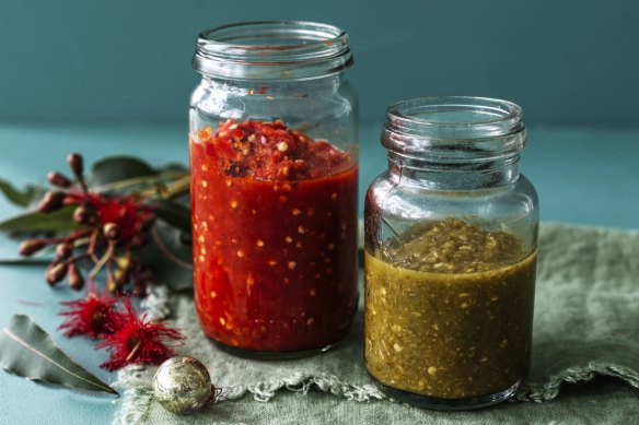 Adam Liaw's Christmas red and green hot sauces. 