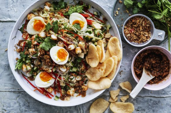 Thai prawn and green mango salad with prawn crackers and soft egg.