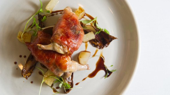 Quail breast 'saltimbocca' with caramelised pear, grilled radicchio and vincotto.