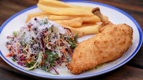 Counter meal classic: Chicken kiev, coleslaw and chips.