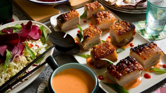 Star anise roasted pork belly with spicy Sriracha mayo.