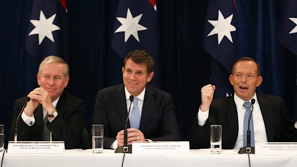WA Premier Colin Barnett, NSW Premier Mike Baird and Prime Minister Tony Abbott during a joint press conference after the Council of Australian Governments meeting in Sydney.