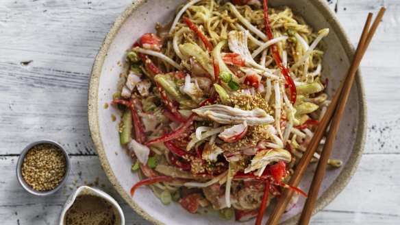 Chicken and prawn spicy sesame noodles