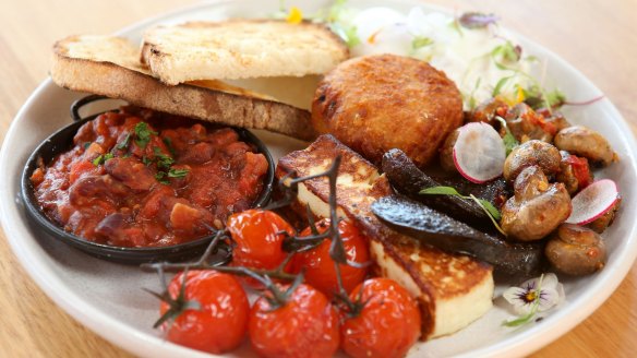 The Abbey hot plate: eggs, boston beans, mushrooms, roasted tomatoes, potato roesti, black pudding and halloumi.