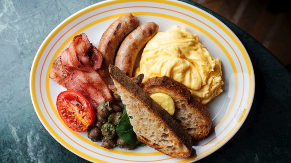 Full Aussie scrambled eggs, sourdough, bacon, cumin roast tomato, miso mushrooms, pork, chilli and fennel sausage.