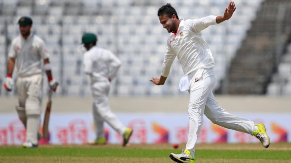 Self-belief: Bangladesh's Shakib Al Hasan celebrates the dismissal of Glenn Maxwell.