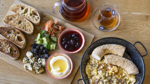 The Turkish breakfast with herbed feta, Aegean olives and fresh chunks of tomato and cucumber.