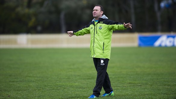 The redeemer: Raiders coach Ricky Stuart runs a  training session.