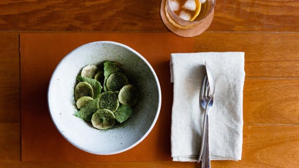 Feijoa sorbet with sorrel, matcha and caramelised almond milk. 