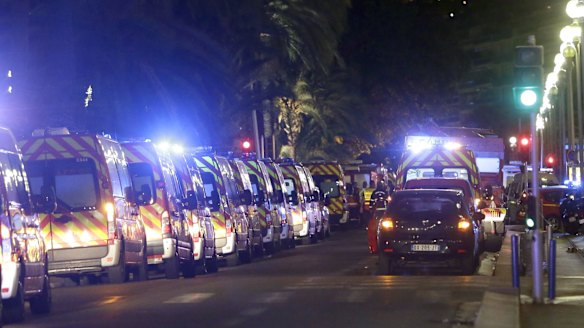 Ambulances line up near the scene of the attack. 