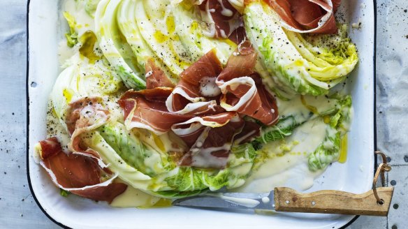 Braised Chinese cabbage with cream sauce and prosciutto.
