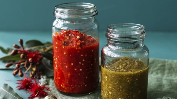 Adam Liaw's Christmas red and green hot sauces. 