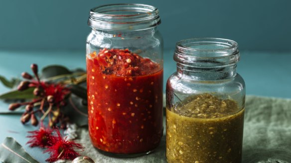 Adam Liaw's Christmas red and green hot sauces. 