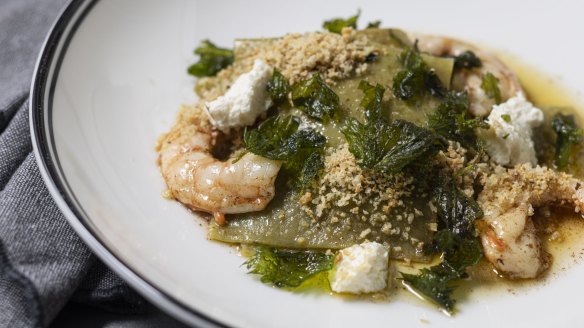 Go-to dish: Fazzoletti pasta with prawns, fried nettles, ricotta and lemon.