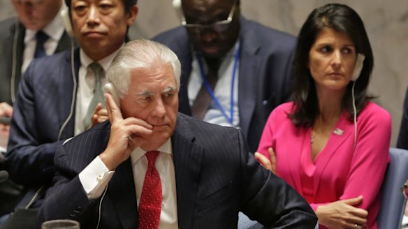 Secretary of State Rex Tillerson and US Ambassador Nikki Haley at the UN Security Council.