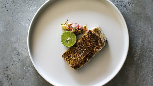 Pan-seared barramundi at Fish Bone Local in Canggu Bali.