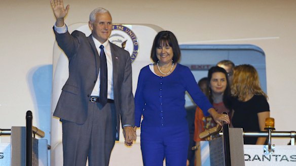 US Vice President Mike Pence, wife Karen and their daughters Audrey, second right, and Charlotte, right, as they arrive in Sydney.