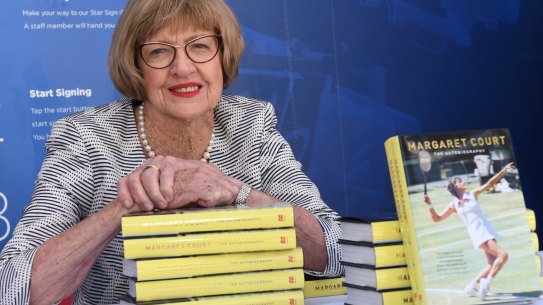 Margaret Court poses with her autobiography at the Australian Open in January.