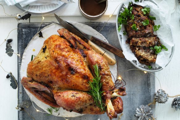 Jill Dupleix's dry-brined turkey with herb and lemon stuffing and Vegemite gravy.