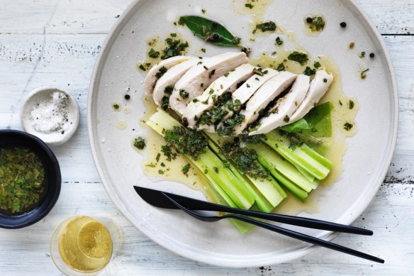 Champagne-poached chicken and leeks with summer herb butter.