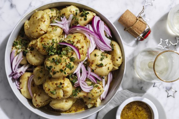 Smushed potato salad with honey mustard dressing.