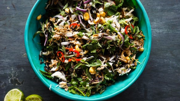 Thai wild rice salad with coconut chicken and caramelised peanuts.