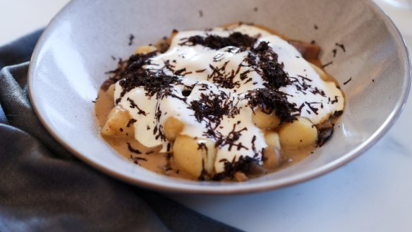 Gnocchi with wild mushrooms, black truffle and scamorza. 