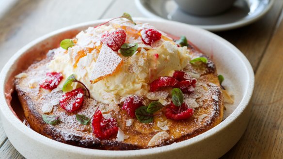 Instagram-friendly hotcake with sour cherry curd, raspberries and coconut.