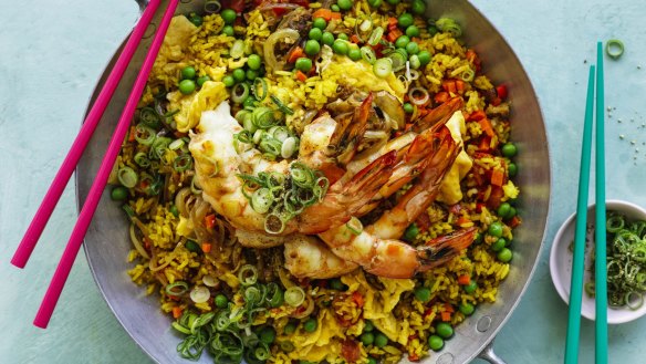 "Singapore" fried rice with prawns.