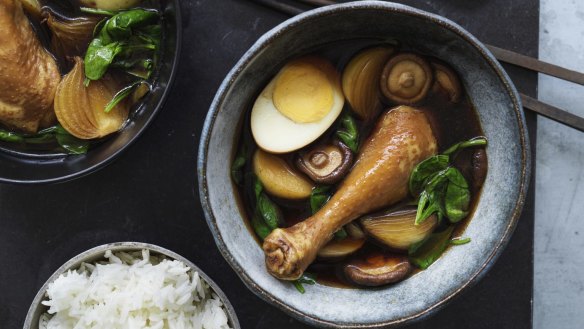 Master stock-braised drumsticks, potatoes, eggs and warrigal greens (or spinach).