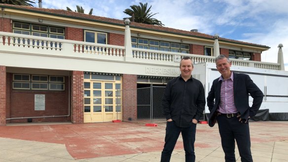 Nathan Toleman and Geelong mayor Bruce Harwood outside the heritage-listed Beach House, Geelong.