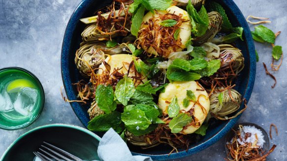 Goat's cheese dumplings with braised artichokes.