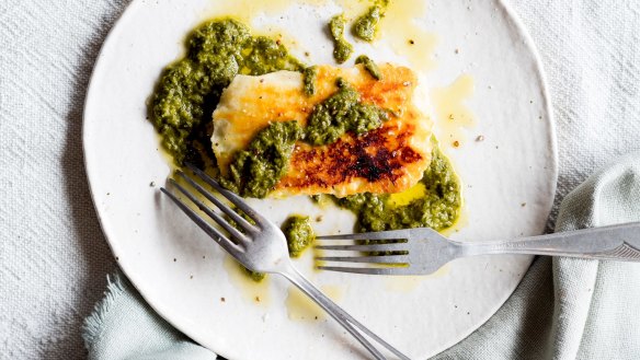 Grilled haloumi and salsa verde.