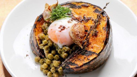 Pumpkin with soft egg and mushy peas.