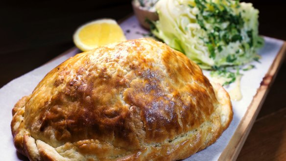 Mulloway fish pasty with sauce tartare and iceberg lettuce at a Peel St cafe.