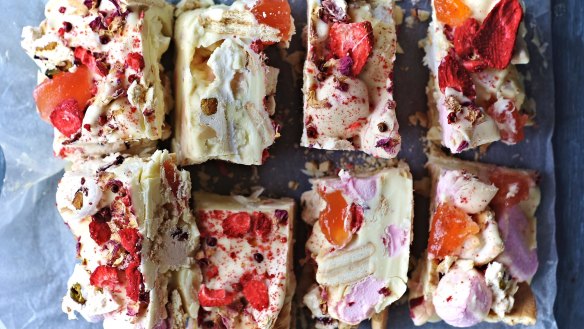 Rose, white chocolate and pink peppercorn rocky road.