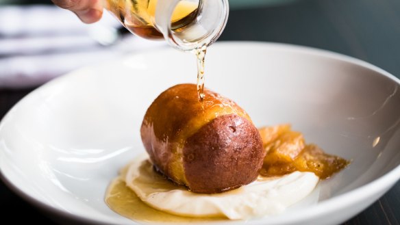 Rum baba with creme diplomat and caramelised pineapple. 