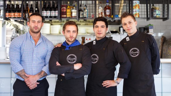 Alan Gasanov (owner), Salvatore Perna (head pizza chef), Jon Kosteski (owner) and Joel Welch (head chef) at Trecento Woodfired Pizzeria and Bar in Manuka.