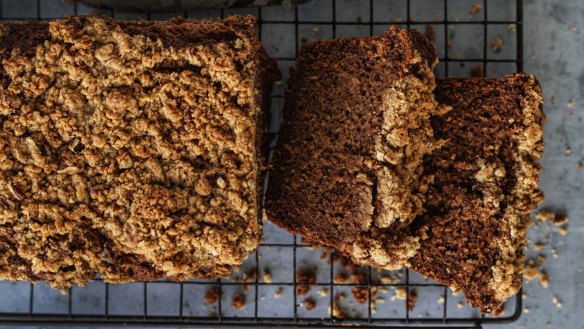 Persimmon cake with pecan crumble.