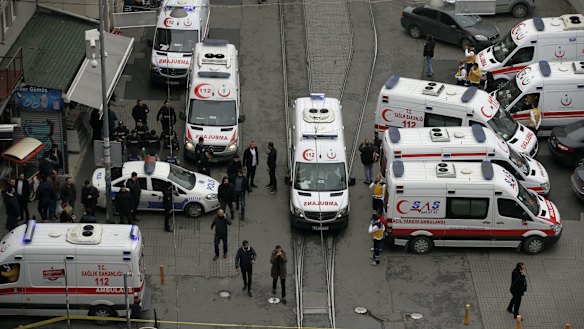 Emergency services at the scene of an explosion, on a street, in Istanbul, Turkey, earlier this month.