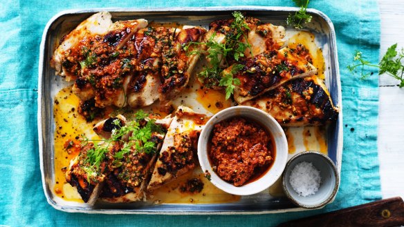 Barbecued chicken with Spanish romesco sauce. 
