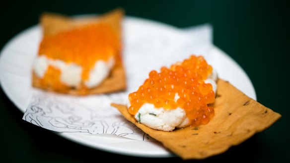 Crostino topped with ricotta and Yarra Valley caviar.